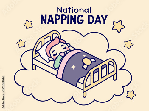 cartoon child sleeping in bed on cloud with stars  national napping day