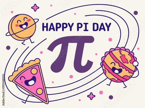 Cute cartoon characters celebrating Pi Day with a pie slice and a planet  happy and playful scene