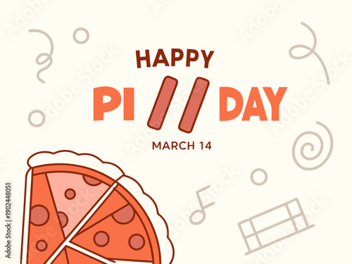 Happy Pi Day celebration with pizza slice and mathematical symbols on cream background