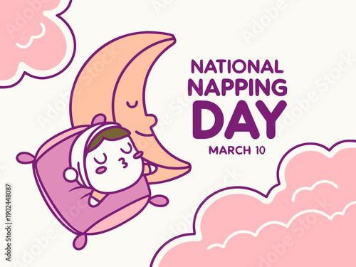National Napping Day illustration with cartoon sleeping child and moon  celebrating rest and relaxation