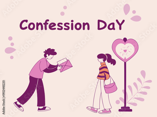 a man giving a woman a letter on confession day with a heart shaped sign