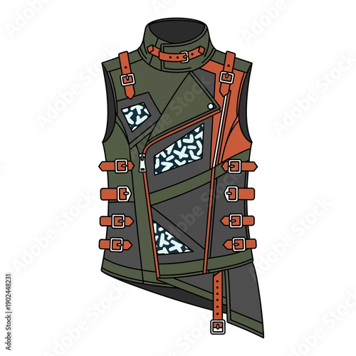 Edgy Biker Vest Fashion Illustration with Buckles and Straps