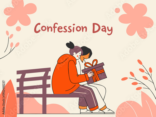 Confession Day illustration of two people sitting on a bench with a gift