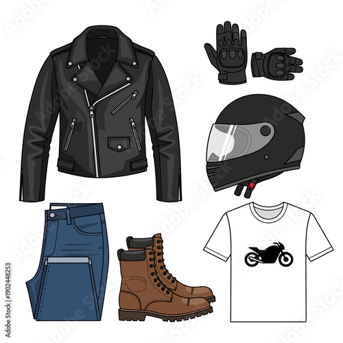 Motorcycle Rider Gear Set: Jacket, Helmet, Boots, Jeans, Gloves, T-Shirt