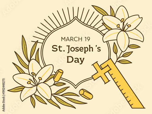 St Josephs Day celebration with flowers and key on beige background
