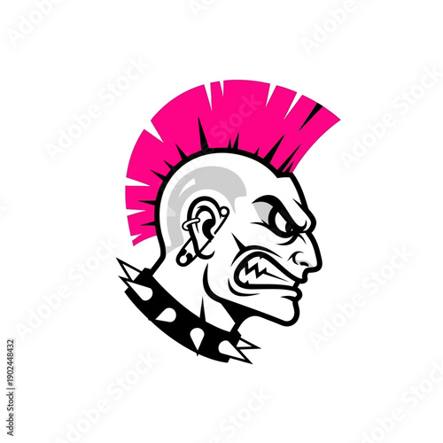Angry punk rocker with mohawk and spiked collar, aggressive face, vector illustration