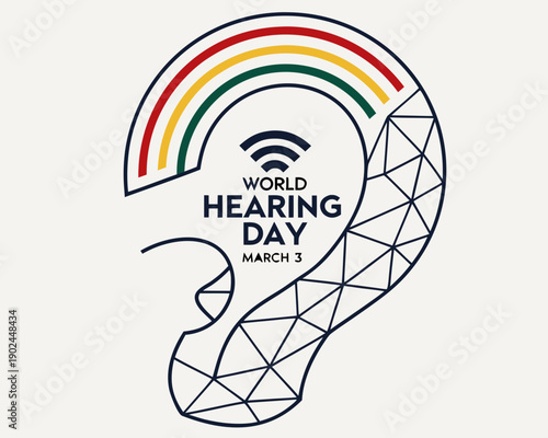World Hearing Day awareness sign with geometric ear and rainbow colors