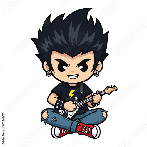Chibi Rocker Boy Playing Guitar with Spiky Hair and Skull Accessories