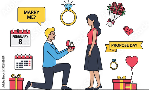 A man proposing to his girlfriend on a special propose day with a ring and flowers.