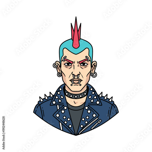 Punk Rocker Man with Blue Hair and Spiked Jacket - Vector Illustration