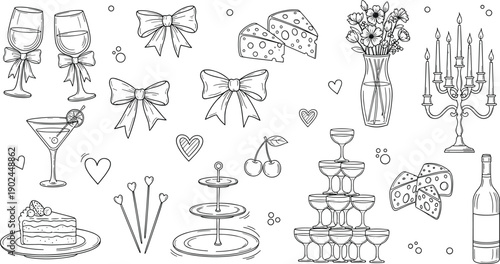 Collection of celebration line art icons with wine glasses cake cheese and bows, party design elements, cad drawing flat vector illustration