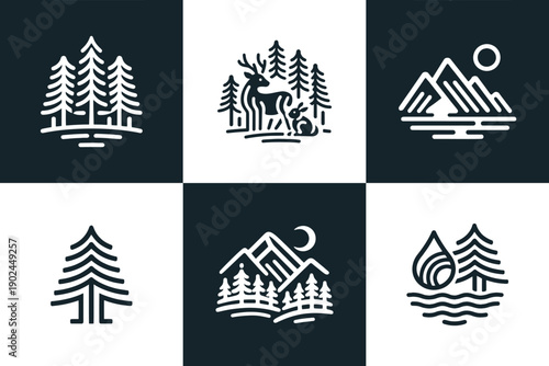 Icon Set Vector of 6 Forest Mountain Nature and Wildlife Logos
