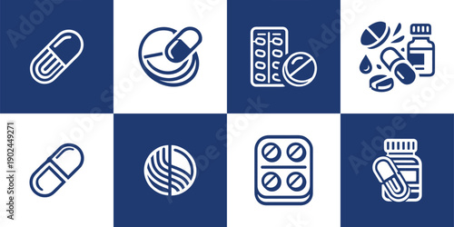 Icon Set Vector of 8 Health Pills Capsules and Pharmacy Symbols