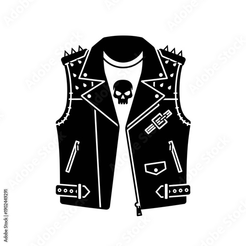 Black leather vest with skull emblem and spikes, rock and roll fashion