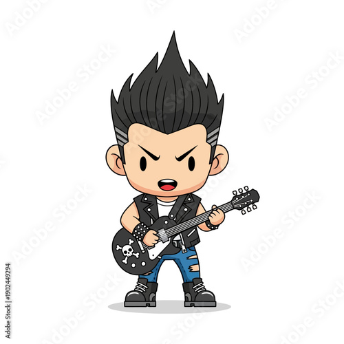 Chibi Punk Rocker Playing Guitar with Spiky Hair and Leather Vest