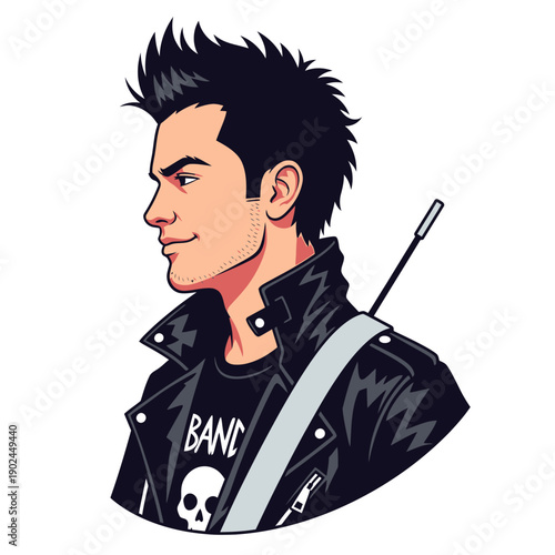 Cool Rocker Guy with Spiky Hair and Leather Jacket, Band T-shirt with Skull