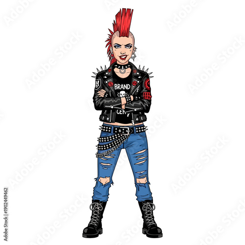 Punk rock girl with red mohawk, leather jacket, ripped jeans, and studded accessories.