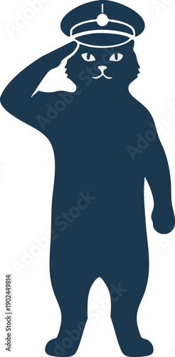 Vector illustration of cat pet saluting in captain hat.