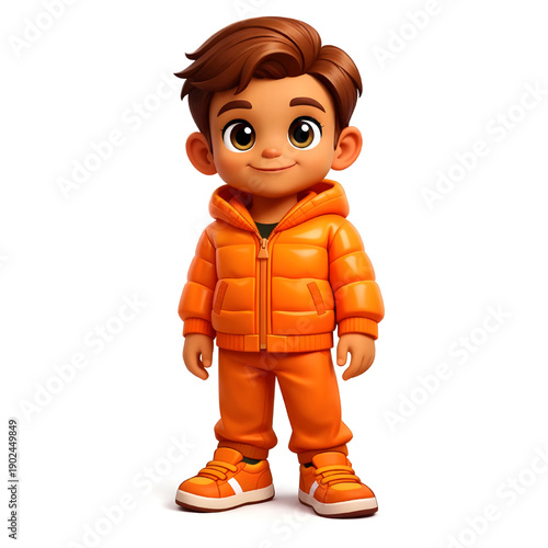 Cute Boy with big eyes, brown hair and wearing orange puffer jacket and matching pants