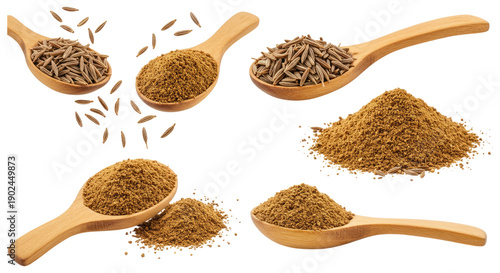 Close-up assortment of whole cumin seeds and ground cumin powder displayed in wooden spoons and small piles on a transparent background