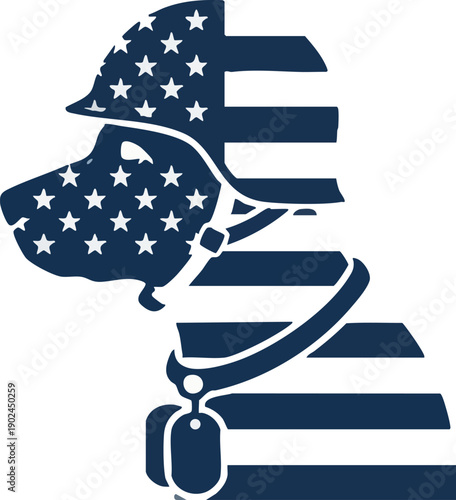 American Flag Military Dog Profile Icon Vector Illustration