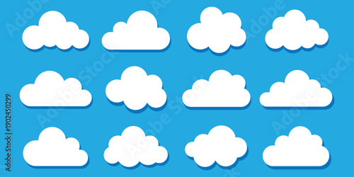 Collection of white cloud shapes vector isolated on sky blue background. Cloud icon set
