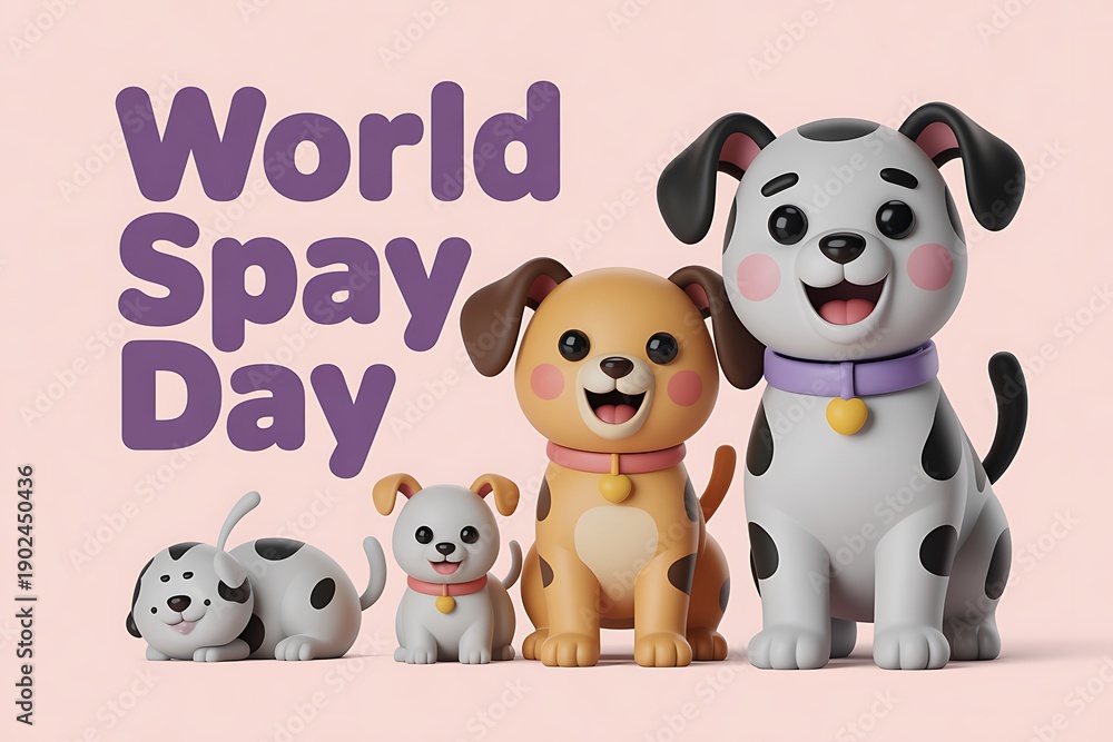 Obraz premium 3D render of cartoon dogs for World Spay Day poster or banner, isolated on pink background