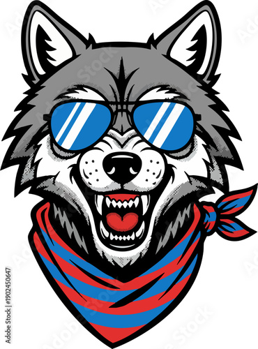 Aggressive Wolf Mascot Graphic with Sunglasses and Bandana