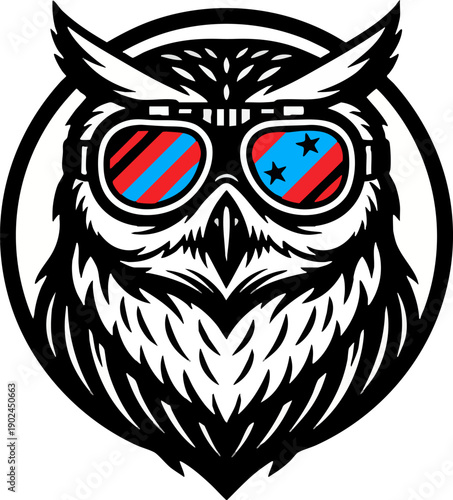 Stylized Owl Head Mascot Wearing Reflective Goggles
