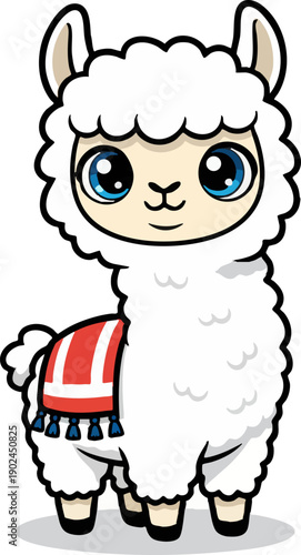 Cute Vector Llama Character with Big Blue Eyes and Blanket