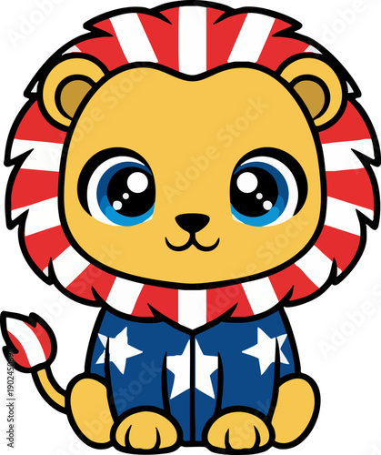 Cute cartoon patriotic lion cub mascot in USA colors illustration