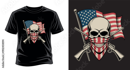 Patriotic skull tshirt design with american flag bandana and crossed rifles on dark background