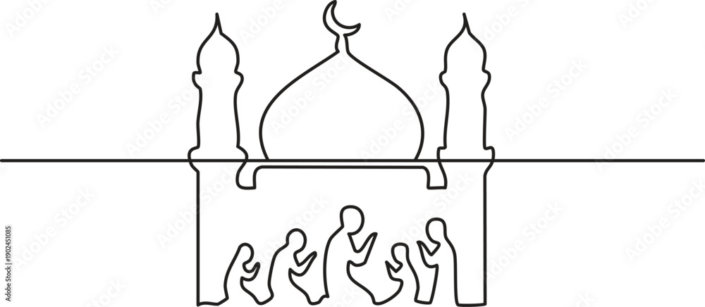 Fototapeta premium Community praying in mosque modern continuous one line minimalist illustration