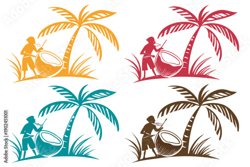 Tropical Coconut Fruit Silhouette Vector, Exotic Summer Illustration