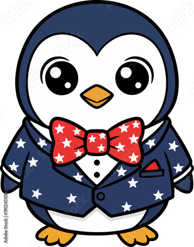 Cute Patriotic Penguin Character Wearing Star-Spangled Suit and Bowtie