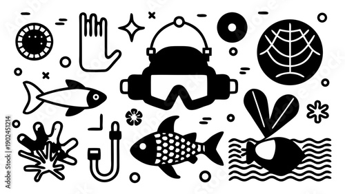 Scuba Diving Equipment & Marine Life Color Vector Icons Set