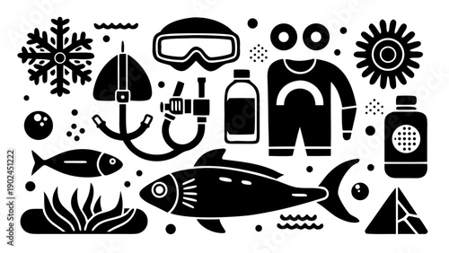 Scuba Diving Equipment & Marine Life Color Vector Icons Set