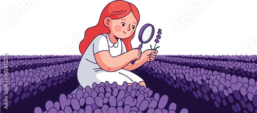 Young Girl Examining Lavender Flower Closeup.