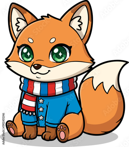 Cute cartoon fox character wearing a jacket and striped scarf.