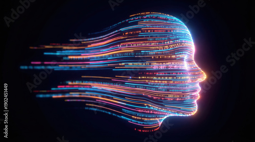 Abstract digital head composed of glowing neon lines and binary code, representing artificial intelligence and futuristic technology.