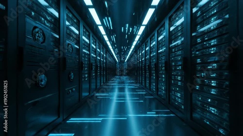 Wallpaper Mural A futuristic corridor with server racks, glowing lights, and a cool blue hue Torontodigital.ca