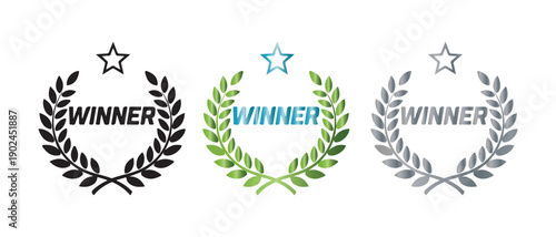 Three distinct winner badges showcasing victory and achievement in various styles