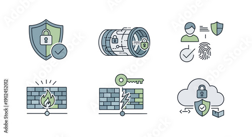Comprehensive Set of Cybersecurity Icons for Digital Data Protection and Network Security Concepts. Vector Illustrations for Internet Safety, Privacy, and Threat Defense