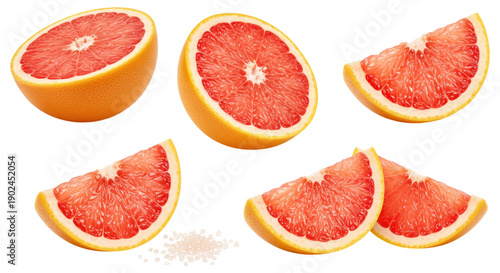 Fresh pink grapefruit halves and wedges arranged on a transparent background, showing bright ruby flesh, juicy segments and yellow rind in a clean studio close-up