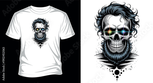 Cool skull with rainbow eyes and beard, graphic illustration on white t-shirt