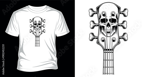 Skull on bass guitar headstock, music graphic for t-shirt
