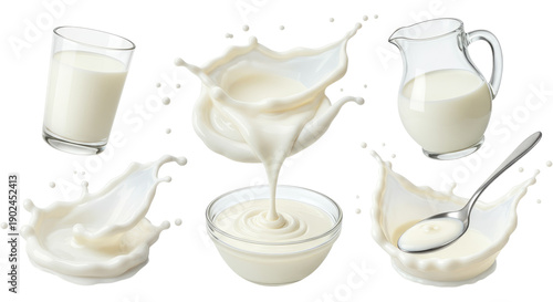 Fresh white milk poured into a bowl, glass and jug with spoon and dynamic splashes showing creamy liquid motion