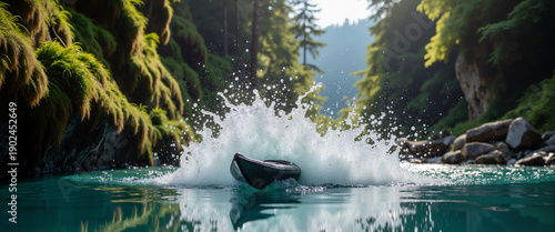 Kayak splashing water while navigating through a green canyon during adventure  