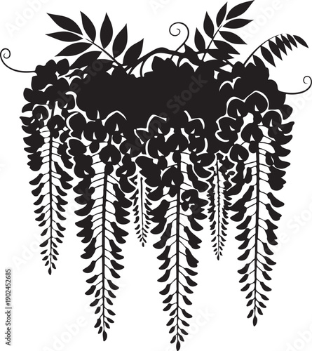 Beautiful floral wreath with leaves and flowers hanging down in a decorative silhouette