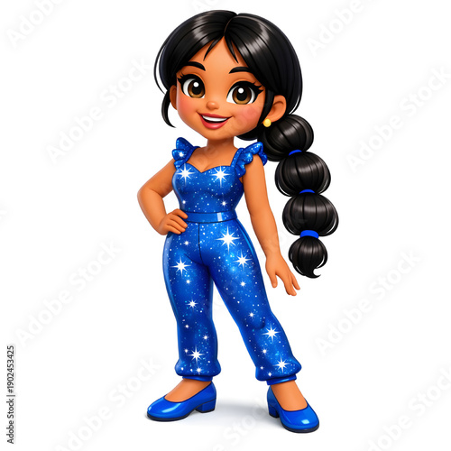 Confident girl with long dark hair in ponytail wearing blue star patterned jumpsuit and shoes
